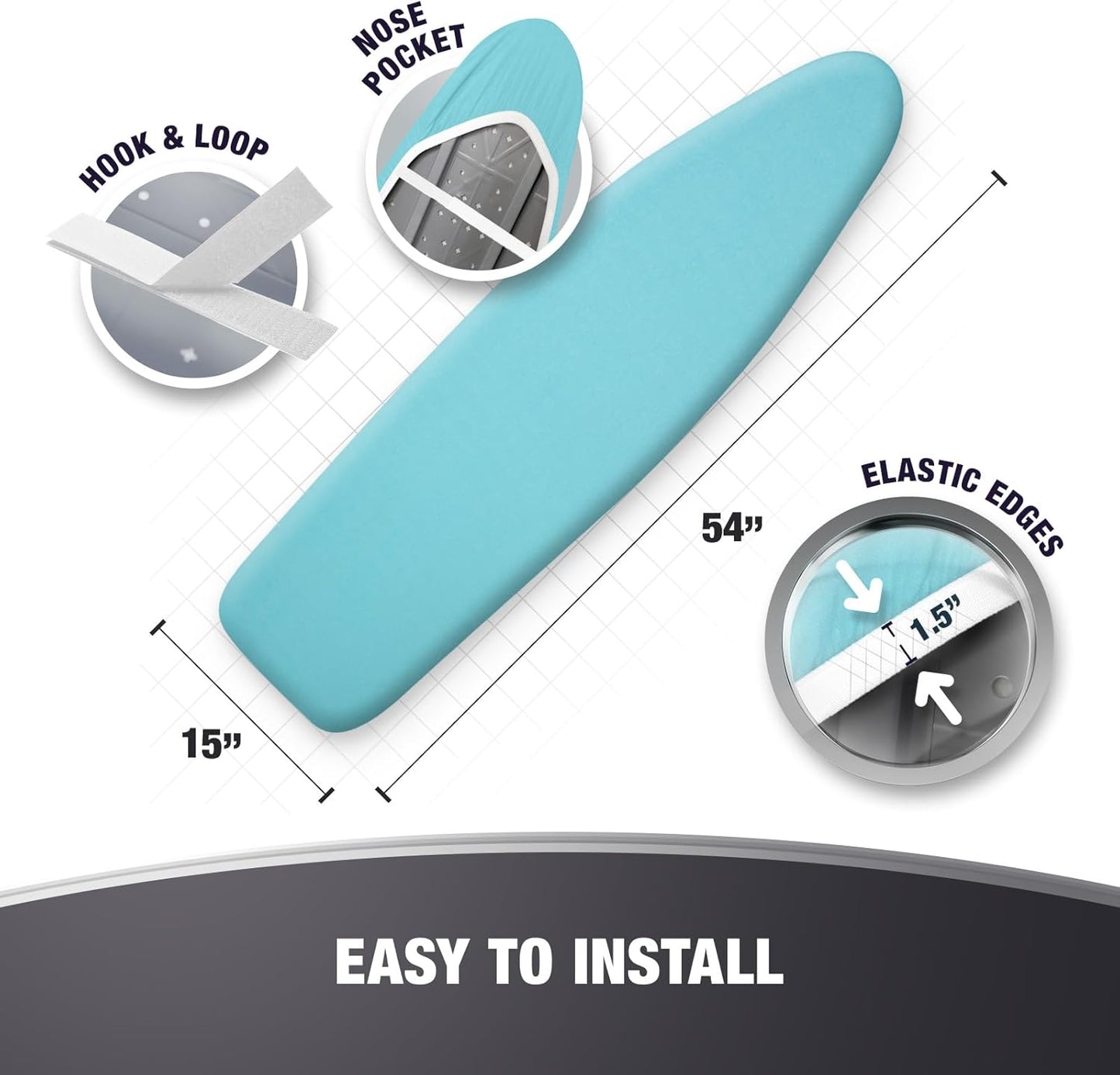 Extra Thick Ironing Board Covers with Pad Standard Size 15x54, Heat Reflective Full Scorch Resistant Padding, Snug Fit Non-Slip Nose Pocket Fastener Straps Elastic Edges, Turquoise