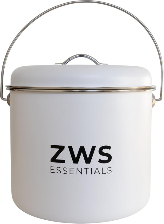 White Stainless Steel Compost Bin | 6.5L Odor-Free Kitchen Countertop Food Scrap Pail with Charcoal Filter | Compact Zero Waste Solution for Home and Apartment Kitchens