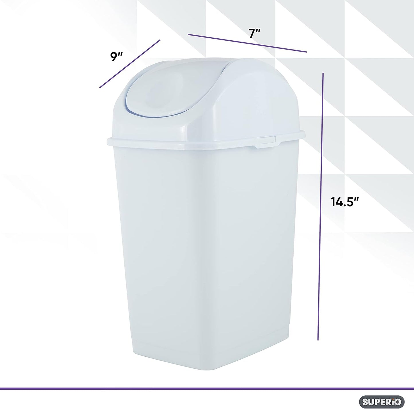 Superio Small Plastic Trash Can with Swing Top Lid, Compact Slim Waste Bin for Under Desk, Office, Bedroom, Bathroom, Dorm Room, 10 Qt. Portable Garbage Can 2.5 Gallon (White, 2 Pack)
