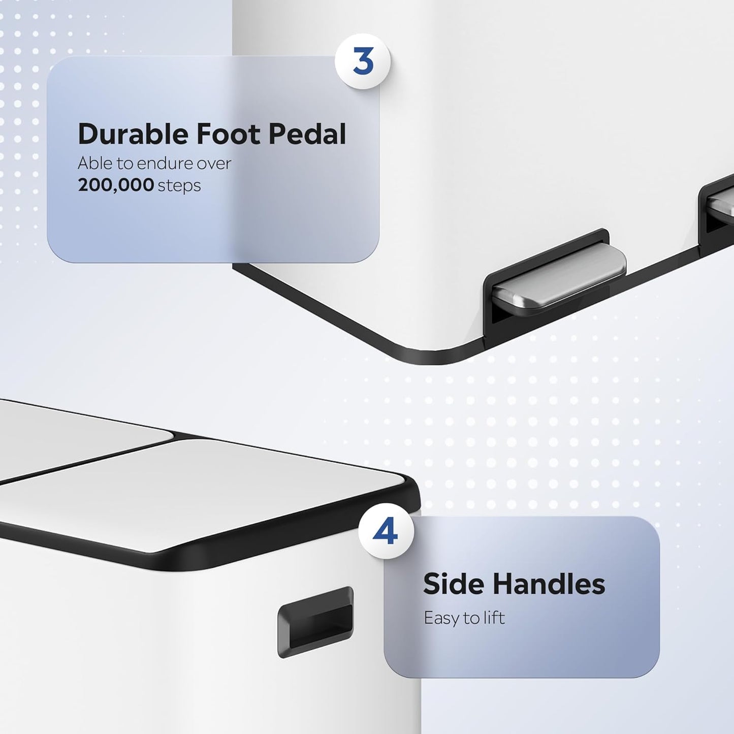 WLIVE Dual Trash Can, 2 x 8 Gallon (2 x 30 L), Step Trash Can with Lid with Inner Buckets, 2 Compartment, Heavy-Duty Stainless Steel Gabage Can for Kitchen with 15 Trash Bags, White