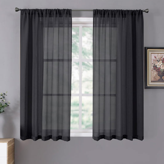 Tollpiz Short Sheer Curtain Living Room Linen Textured Curtains Sheer Light Filtering Voile Rod Pocket Curtain for Bedroom, 38 x 54 inches Long, Black, Set of 2 Panels