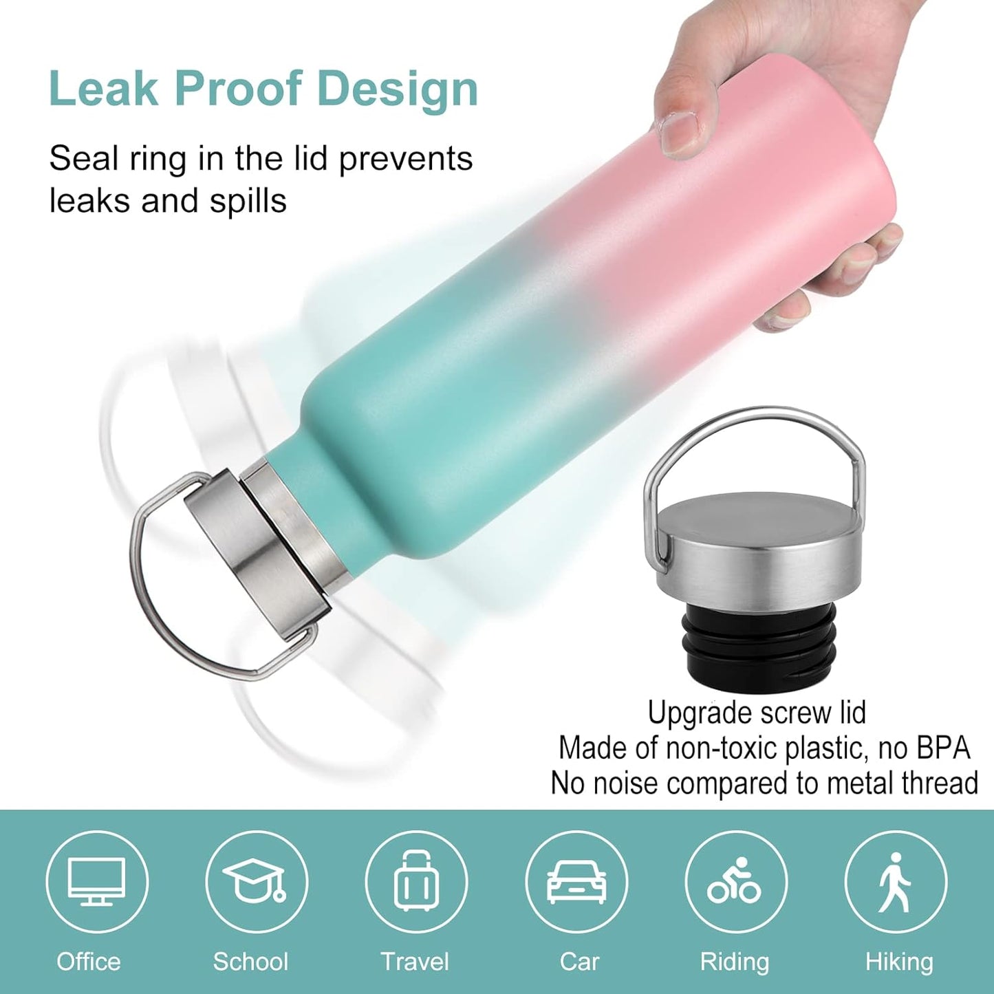 Neihepal Gradient Stainless Steel Water Bottles,20 Ounce Vacuum Insulated Double Wall Travel Bottle with Leak Proof Lid of Handle,Metal Reusable Standard Mouth Flask Thermoses for School,Hikers,Gift