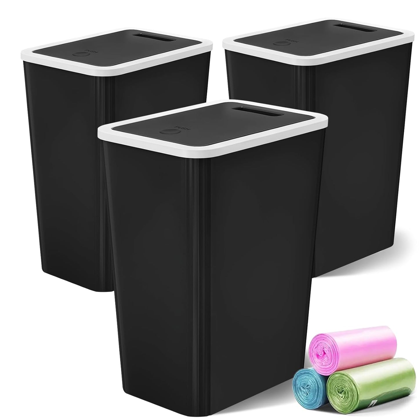 Small Trash Can, 3 Pack 4 Gallons Bathroom Garbage Can with Lid Press-Top, Small Waste Basket with Trash Bags, Slim Plastic Garbage Bin for Dorm, Office, Bedroom, Kitchen, Living Room （ Black ）