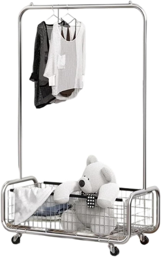 Garment Rack With Storage Baskets,Clothing Rack for Hanging Clothes, Multi-functional Bedroom Clothes Rack with Wheels for Bedroom, Living Room, Easy Assembly (24inch length)
