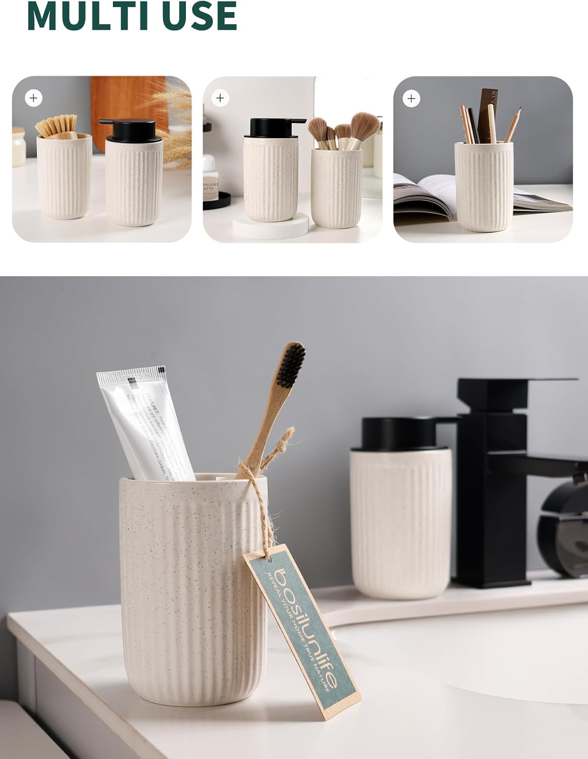 Bosilunlife Soap Dispenser and Toothbrush Holder Set - 11Oz Foam Soap Dispenser Pump Ceramic Bathroom Counter Soap Toothbrush Holder Set Beige Bathroom Accessories Set