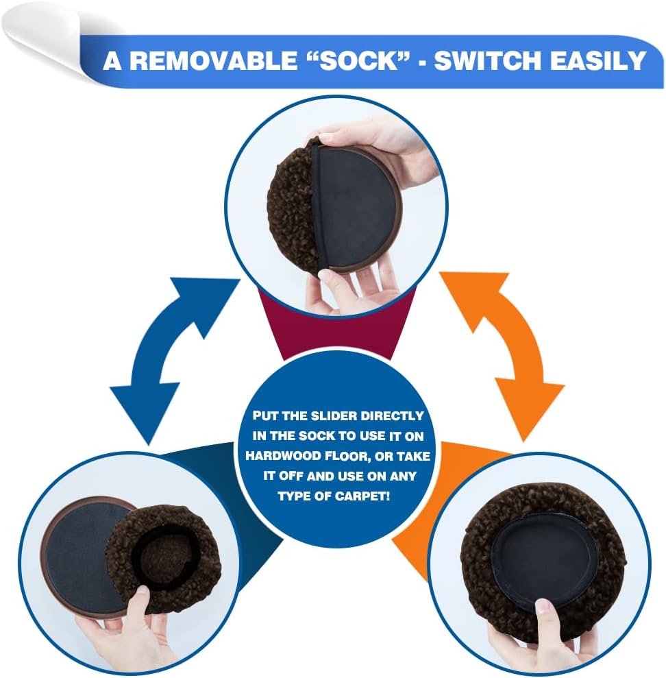 5" Furniture Sliders, 2-in-1 Furniture Movers Sliders with Hardwood Socks, 4+4 Pack - 4 Furniture Sliders for Carpet and 4 Hardwood Socks, Move Your Furniture Easily!