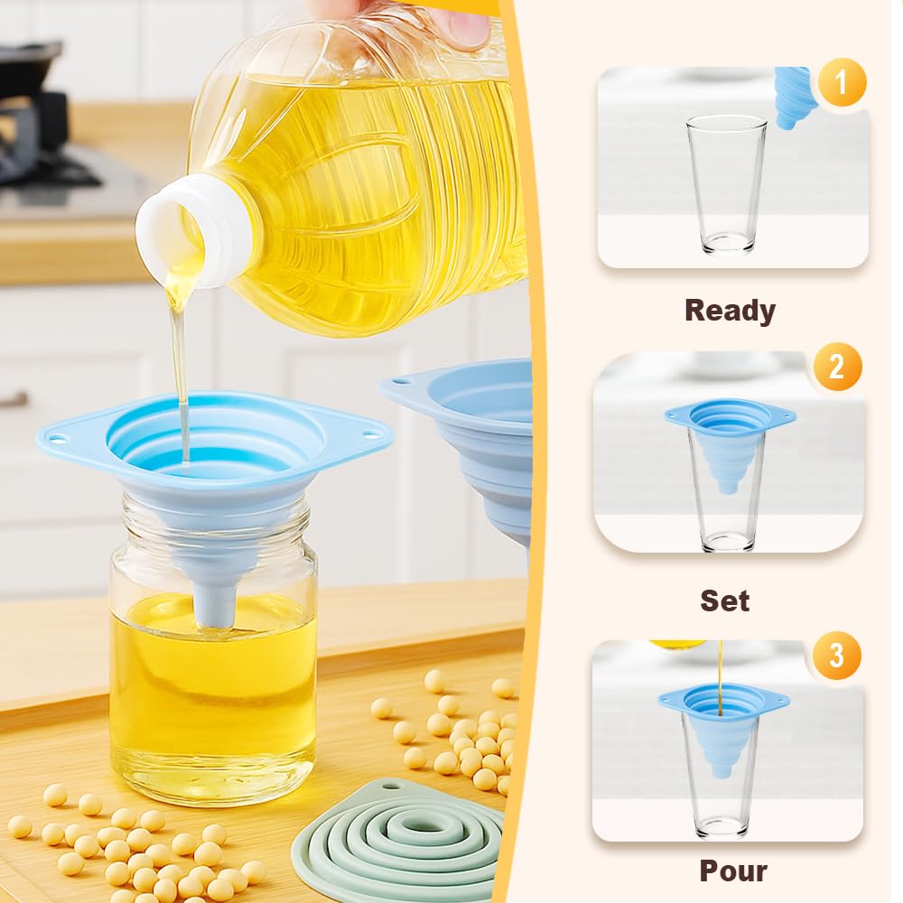 Kitchen Funnel Set, 2025 New Silicone Collapsible Funnel, Multi-Purpose Small Funnels for Kitchen Use, Portable Bottle Filling Funnels for Travel (6pcs)