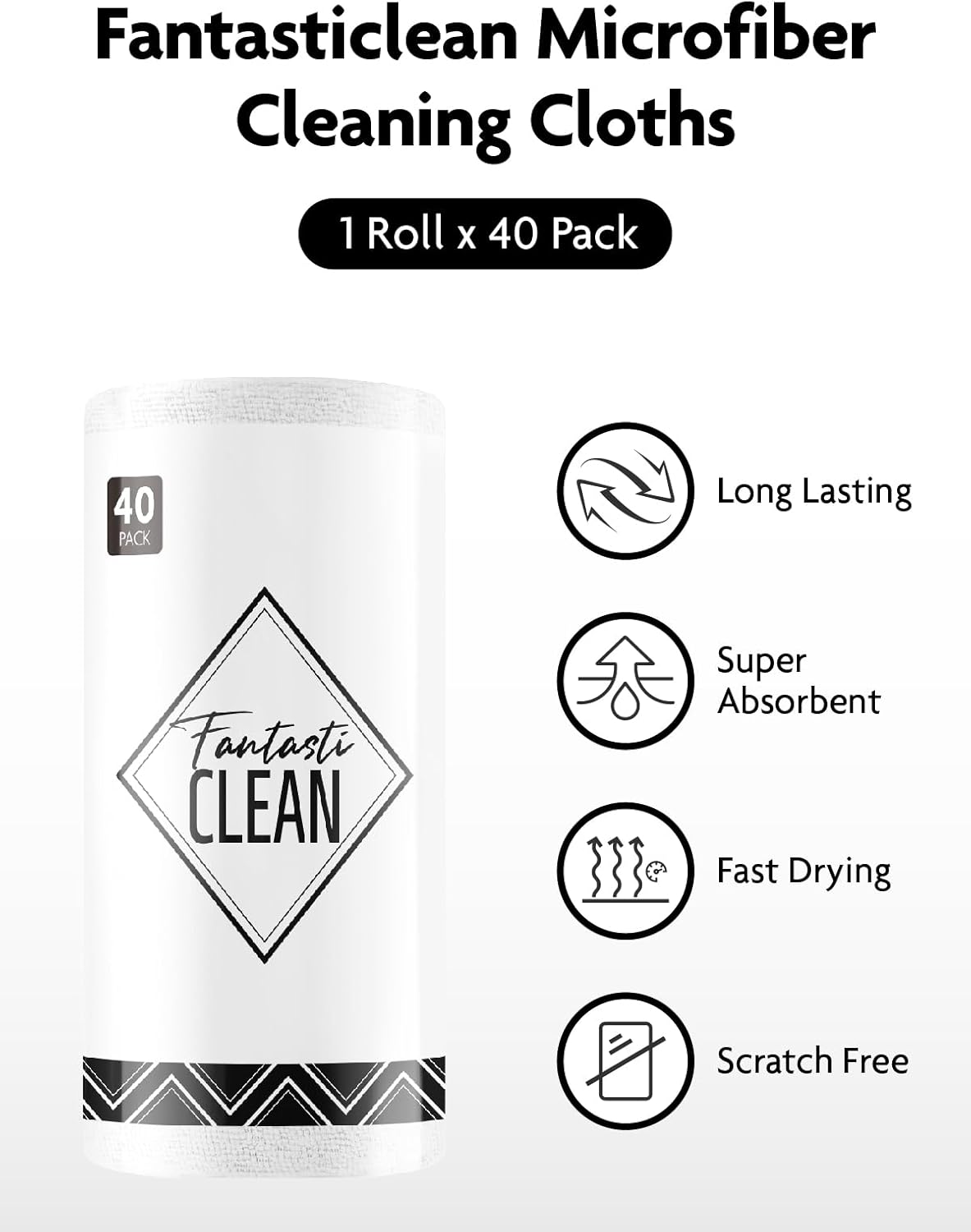 Fantasticlean Microfiber Cleaning Cloth Roll -40 Pack, Tear Away Microfiber Towels, 12" x 12", Reusable, Washable, Scratch Free, Ultra Absorbent Dishcloth for Car, Home Supplies, Pet, Kitchen (White)