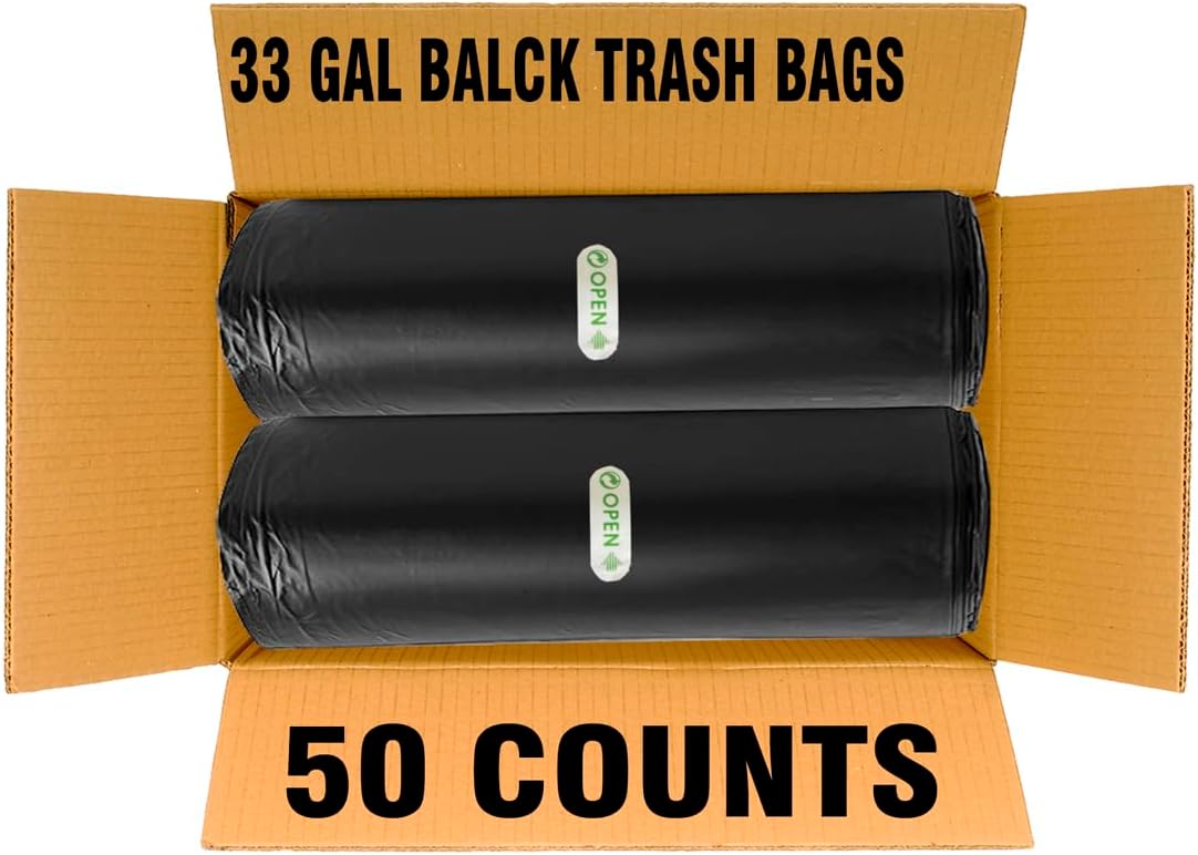 33 Gallon Trash Bags, 50 Count, Black Garbage bags, Multi-purpose Trash Can Bin Liners for Home Commercial, Outdoor, Construction, Industrial, Janitorial, Municipal, Lawn, Leaf