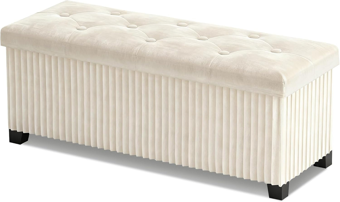 Storage Ottoman Bench, 43 Inch Foldable Ottoman with Legs, Velvet Foot Rest Stool, End of Bed Bench, Storage Chest for Living Room, Bedroom (Beige)