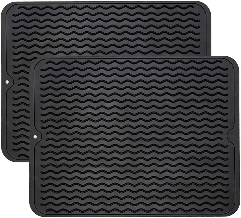 ZLR 2 Pcs Silicone Dish Drying Mats for Kitchen Counter, Eco-Friendly Fast Dry Dish Mat, Easy Clean Multi Usage Drying Matt, Heat Resistant Trivet, 12" x 16" Large, Black
