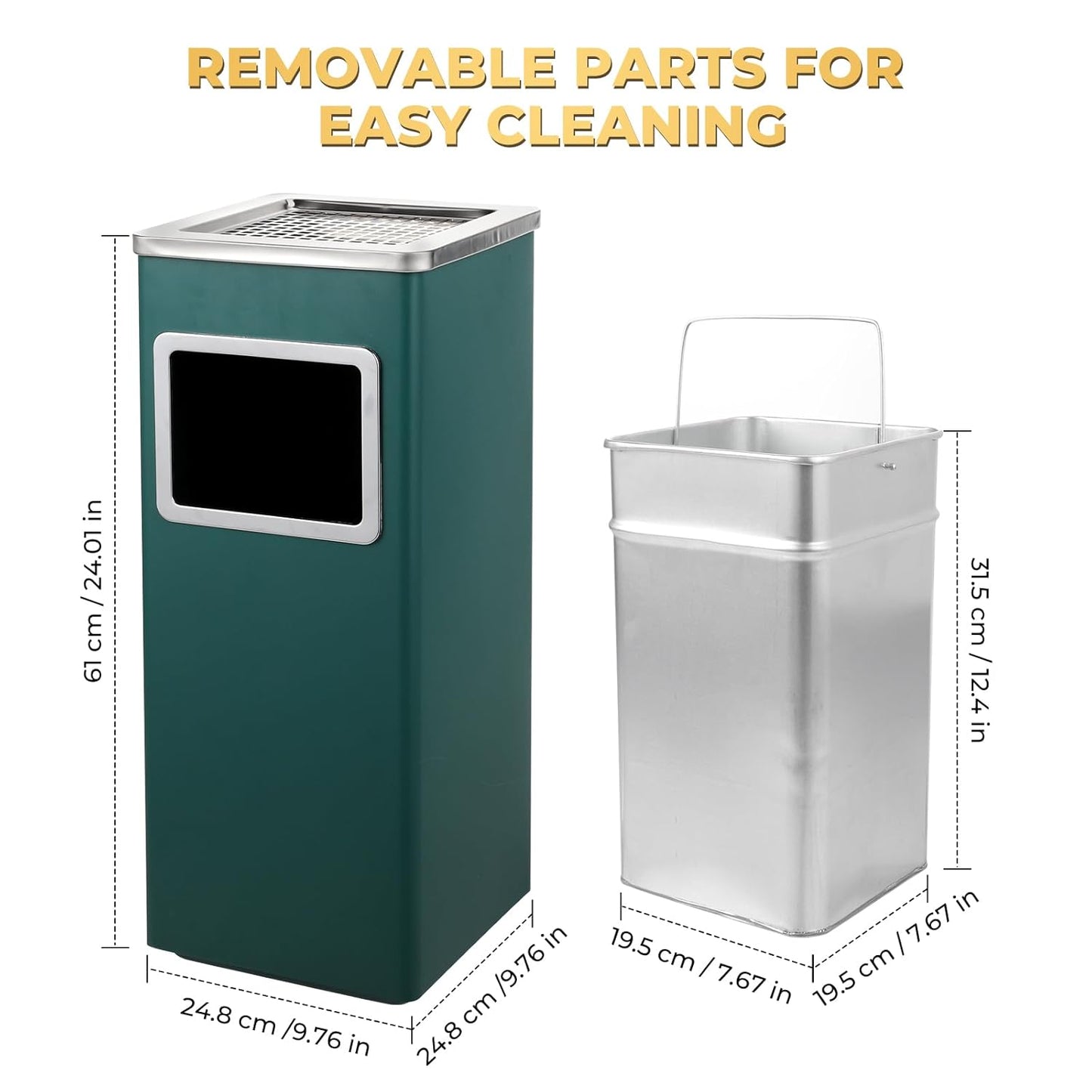 Trash Can Outdoor Waste Container Square Stainless Steel Trash Can with Removable Inner Bucket for Disposal Commercial Waste Container 9.45‘’ x 9.45‘’ x 24.02‘’-Green