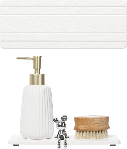 2PCS Diatomite Quick Stone Drying Tray Mat for Bathroom & Kitchen Counter, Instant Dry Water Absorbent Drink Bar Coaster,Vanity Sink Caddy Organizer,Dish Soap Sponge Holder, White,9"x3.5"