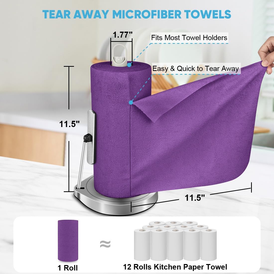 AIDEA Microfiber Cleaning Cloth Roll, 50PK, Reusable Paper Towels Tear Away Cloth, Microfiber Towels for Cars, Lint Free Cleaning Rags for House, Kitchen, Window, 11.5"×11.5", Purple
