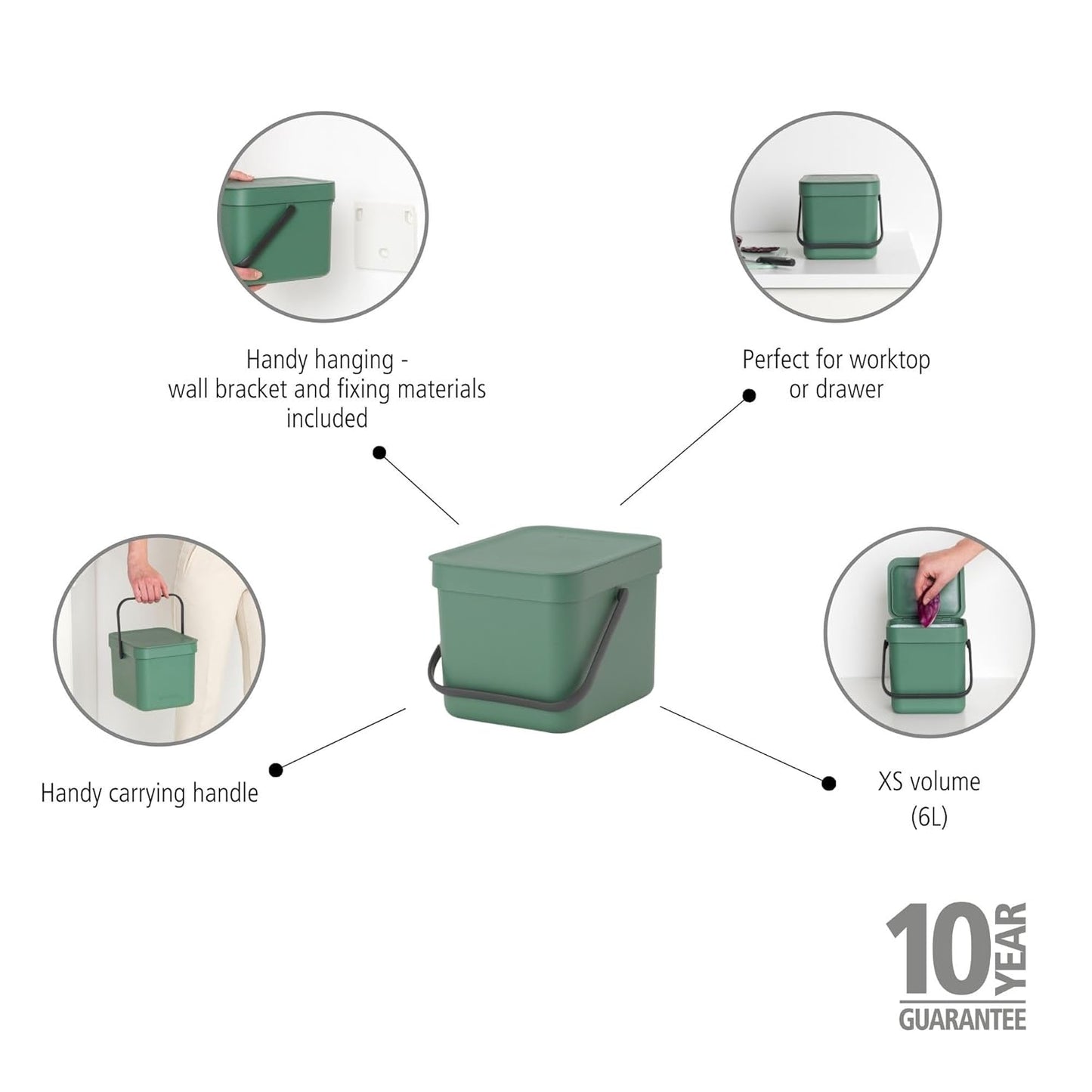 Brabantia Sort & Go Food Trash Can (1.6 Gal/Fir Green) Small Countertop Kitchen Compost Caddy with Handle & Removable Lid, Easy Clean, Fixtures Included for Wall/Cupboard Mounting