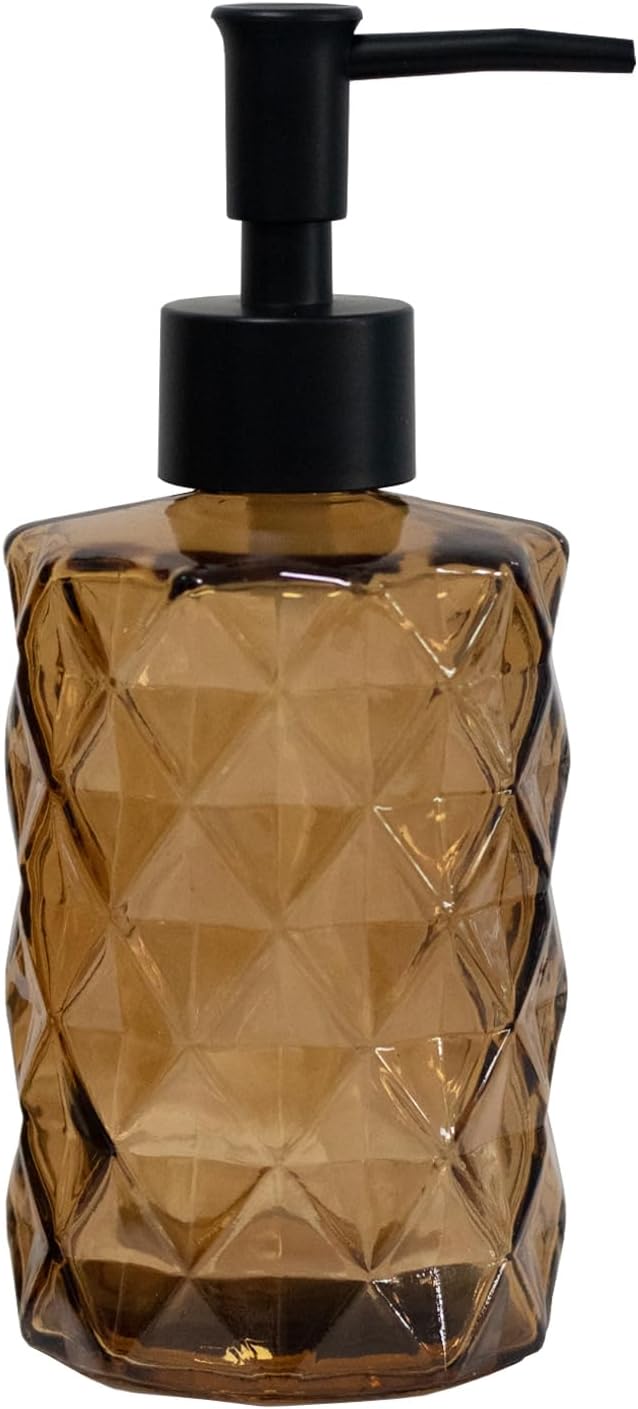 Brown Bathroom Soap Dispenser with Black Plastic Pump, 12oz Glass Lotion Dispenser, Crystal Hand Soap Dispenser for Modern Home Decor, Kitchen Countertop, Hotel