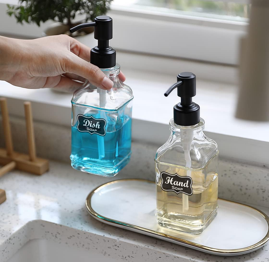 JASAI 2Pack Soap Dispenser with Rustproof Black Stain 304 Stainless Steel Pump, Stylish Hand soap Dispenser with 10Pcs Stickers, Refillable Glass Soap Dispenser for Kitchen & Bathroom.