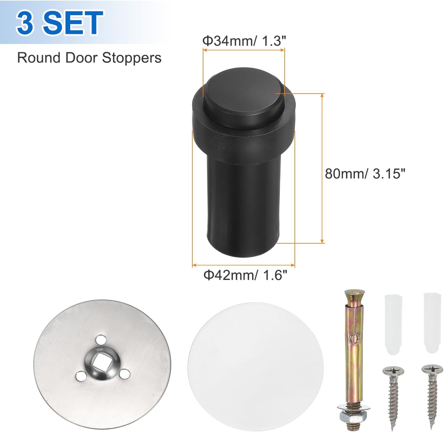 PATIKIL 3Set Round Door Stoppers, 80mm Stainless Steel Door Stop Doorstop Wedge Metal Cylinder Self Adhesive with Screw for Bottom of Door Floor Inside, Black