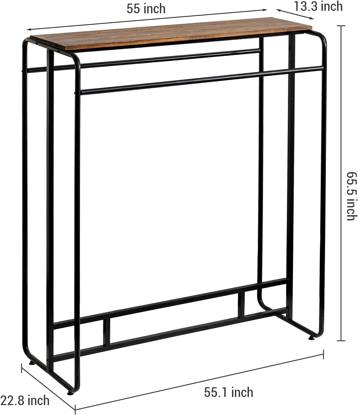 MyGift Dual Clothing Rack, Commercial Urban Black Metal Freestanding Large Garment Rack with Burnt Solid Wood Top Storage Shelf, Heavy Duty Double Rod Clothes Rack