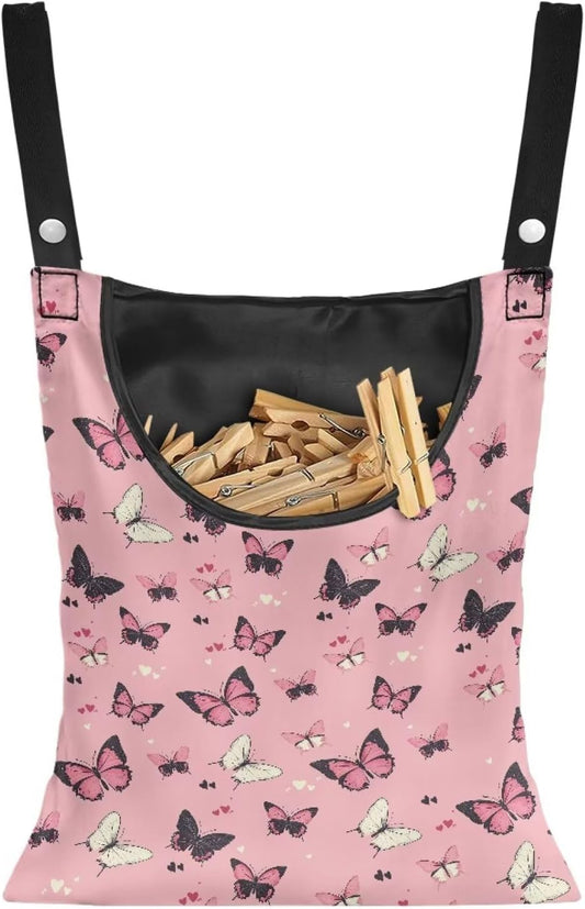 Butterfly Print Clothes Pin Hanging Bag, Stylish Clothespin Bag with Hanging Rope Clothes Pins Bag Holder Outdoor for Clothespin