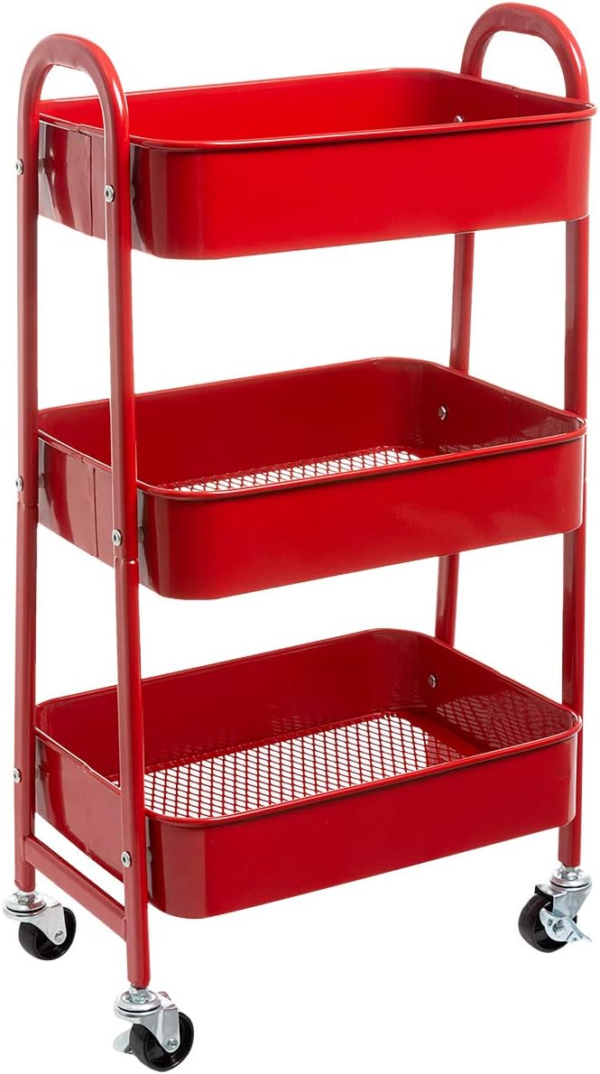 AGTEK Makeup Cart, Movable Rolling Organizer Cart, Red 3 Tier Metal Utility Cart