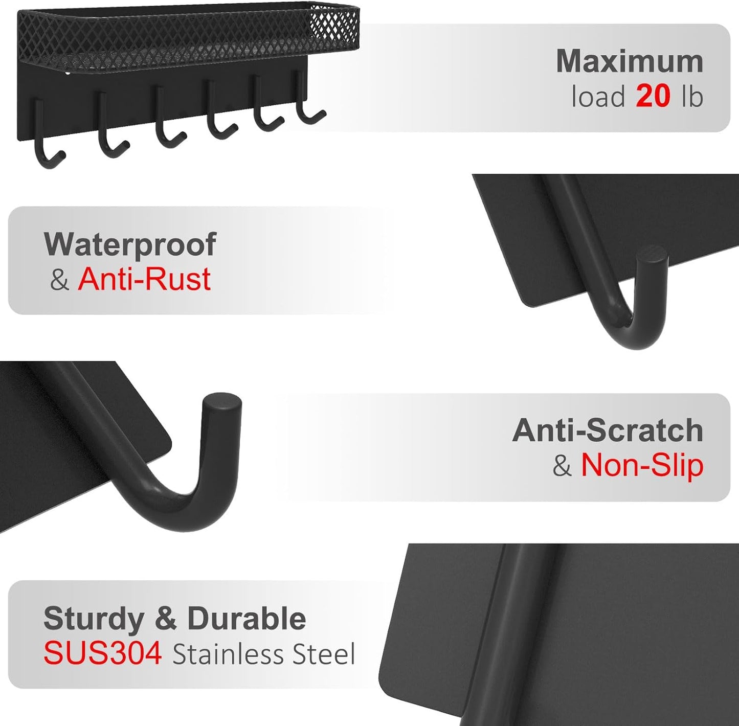 Key Holder for Wall – Decorative Stainless Steel Key Hanger with 6 Hooks for Hats, Bags, Leashes – Mail Holder Key Rack with Mounting Hardware and Guide (9.65” x 2.8” x 2.2”) (Black)