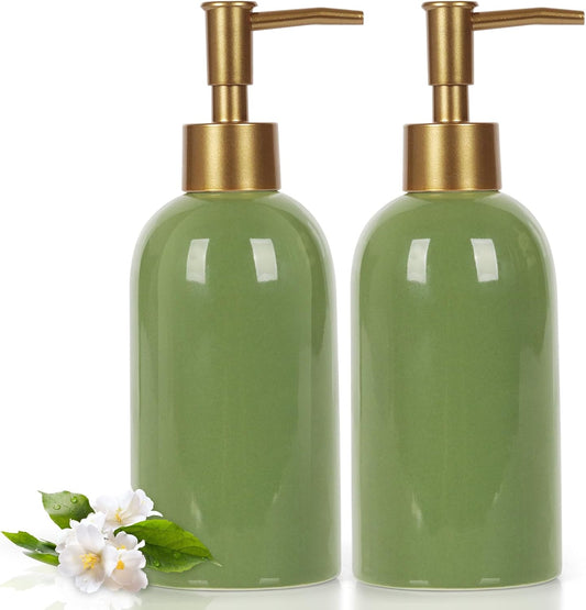Natheeph 14OZ Ceramic Soap Dispenser Ceramic Soap Pump Dispenser Can Fill Liquid for Bathroom/Kitchen (2PC Green)
