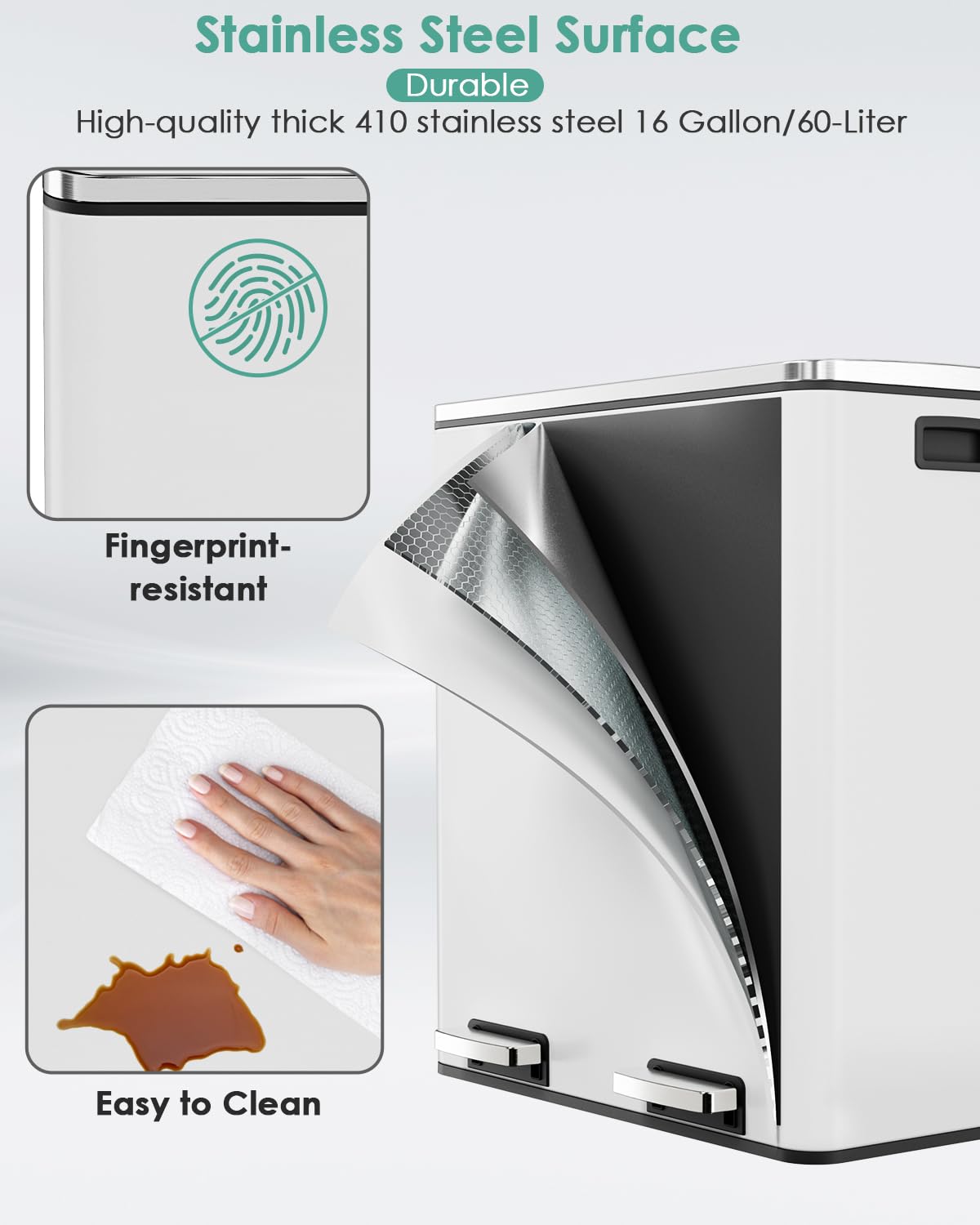 AthLike 60L(16 Gal) Dual Trash Can, Stainless Steel Kitchen Garbage Can, Double Compartment Classified Rubbish Bin, Recycle Dustbin w/Plastic Inner Buckets, Soft-Close Lid, Airtight, White