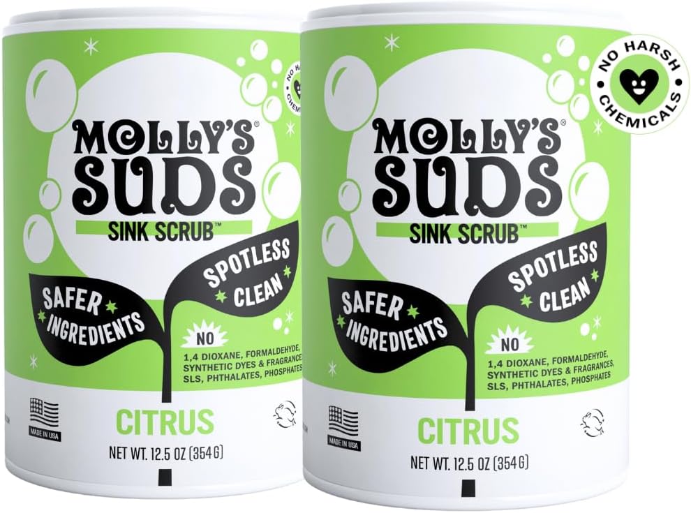 Molly's Suds Sink and All Purpose SCRUB | Gently Removes Stains, Scrubs Away Grease & Gime, Buffs out Scratches | Plant and Mineral Based | 2 Pack, Citrus Scent