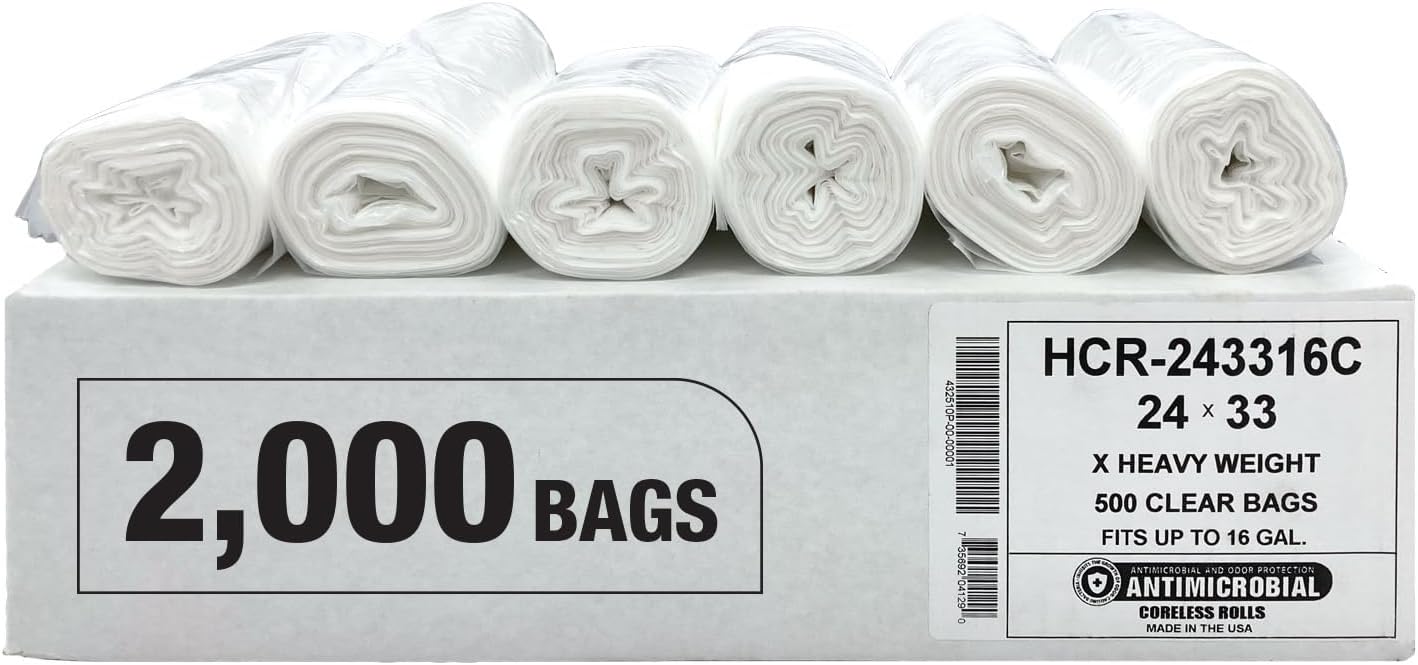 Aluf Plastics High Density Trash Bags, 12-16 Gallon, 2000 Count, 16 Micron (eq), 24" x 33", Clear, For Bathroom, Office, Industrial, Commercial, Janitorial, Municipal, & Recycling