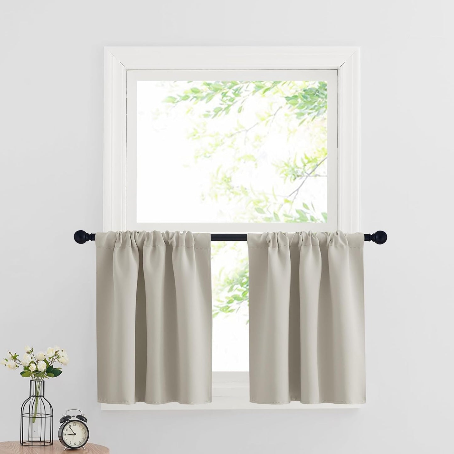 RYB HOME Blackout Short Cafe Curtains, Privacy Light Block Small Window Curtains for Bedroom Kitchen Basement Dining Classroom, W 29 x L 30 inches, Natural, 2 Panels