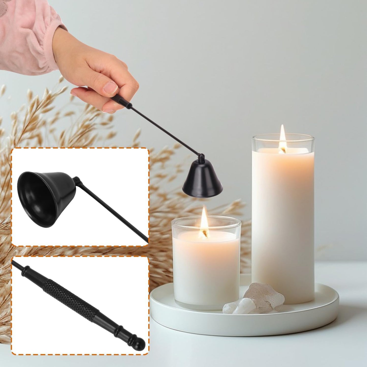 4 in 1 Candle Accessory Set with Storage Tray Plate, Premium Candle Wick Trimmer, Candle Snuffer, Wick Dipper & Storage Tray Plate with Gift Package, Ideal for Scented Candle Lovers (Black)