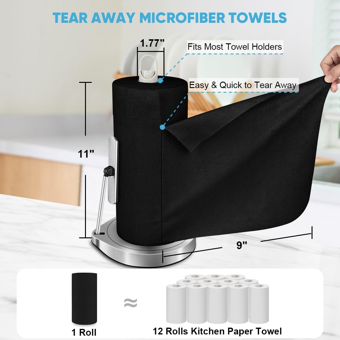 AIDEA Microfiber Cleaning Cloth 165 Sheets 3 Roll, Black Microfiber Towels for Cars, Shop Rags Washable, Cleaning Rags Reusable Paper Towels for Automotive, Mechanic, Workshops, House, 11×9"