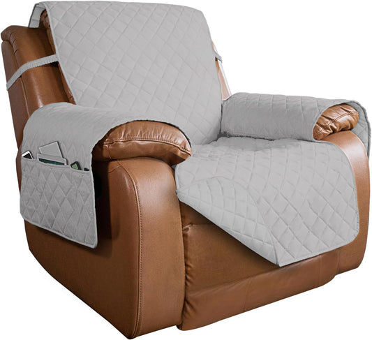 PureFit Reversible Quilted Sofa Cover, Water Resistant Slipcover Furniture Protector, Washable Couch Cover with Non Slip and Elastic Straps for Kids, Dogs (Oversized Recliner, Light Gray/Light Gray)