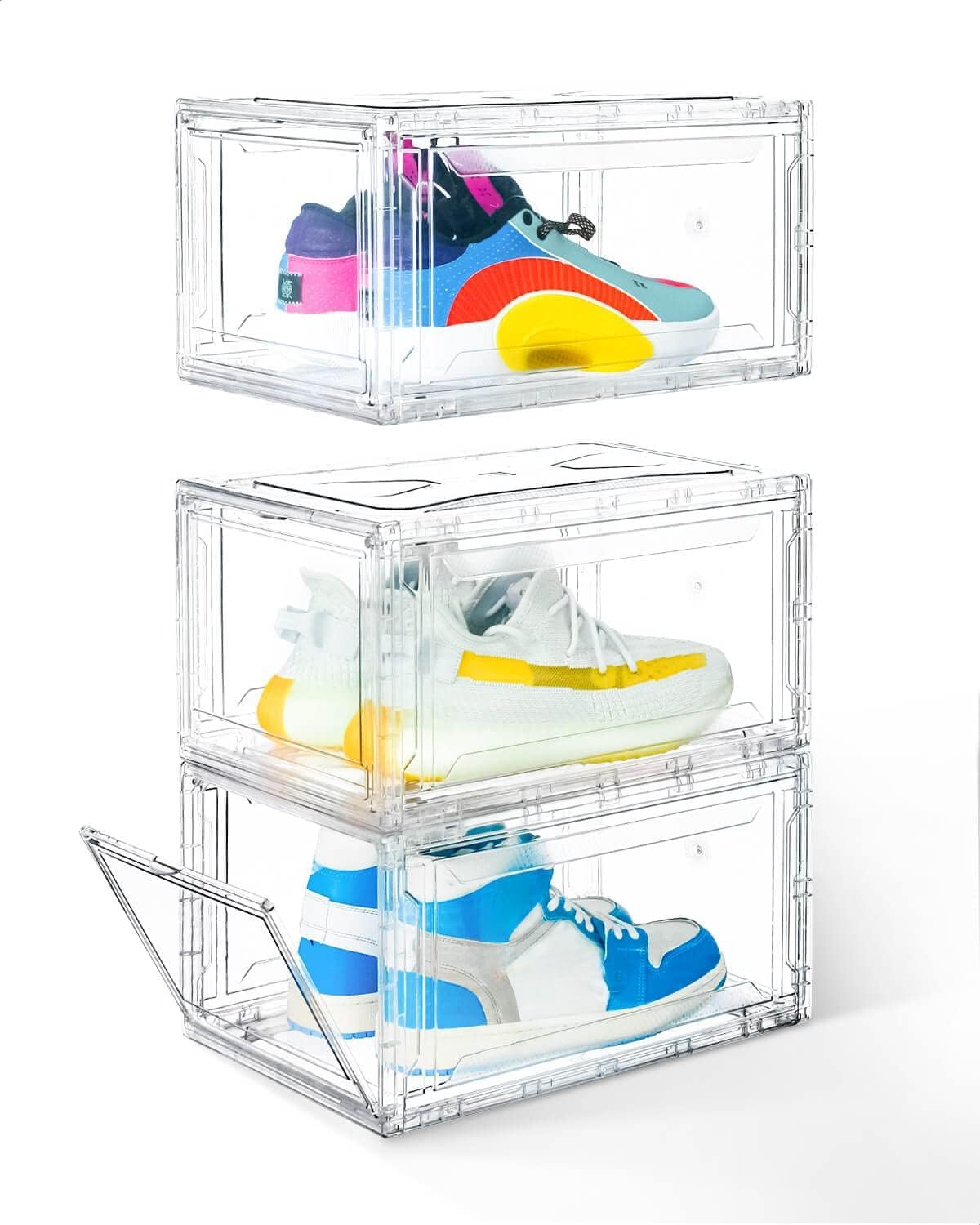 KDOR Shoe Boxes Clear Plastic Stackable 3 Pack Shoe Storage for Sneakerheads, Shoe Display Case Magnetic Door, Strong and Block of UV Protect your Shoes