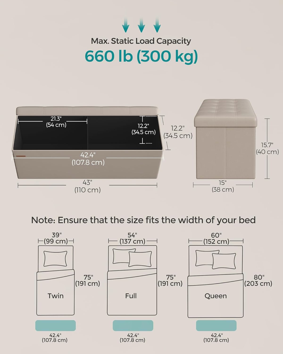 SONGMICS Mazie Collection - 43 Inches Folding Storage Ottoman Bench, Ottoman with Storage, Foot Rest Stool, Load 660 lb, for Living Room, Synthetic Leather, Camel Brown ULSF070K03