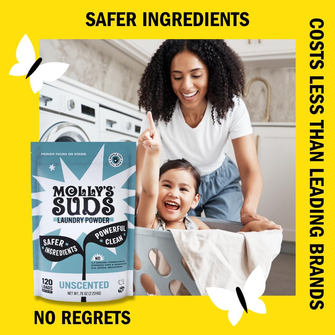 Molly's Suds Original Laundry Detergent Powder | Clean Laundry Detergent Powder for Sensitive Skin | Simple, Effective Ingredients, Stain Fighting | 70 Loads (Unscented)