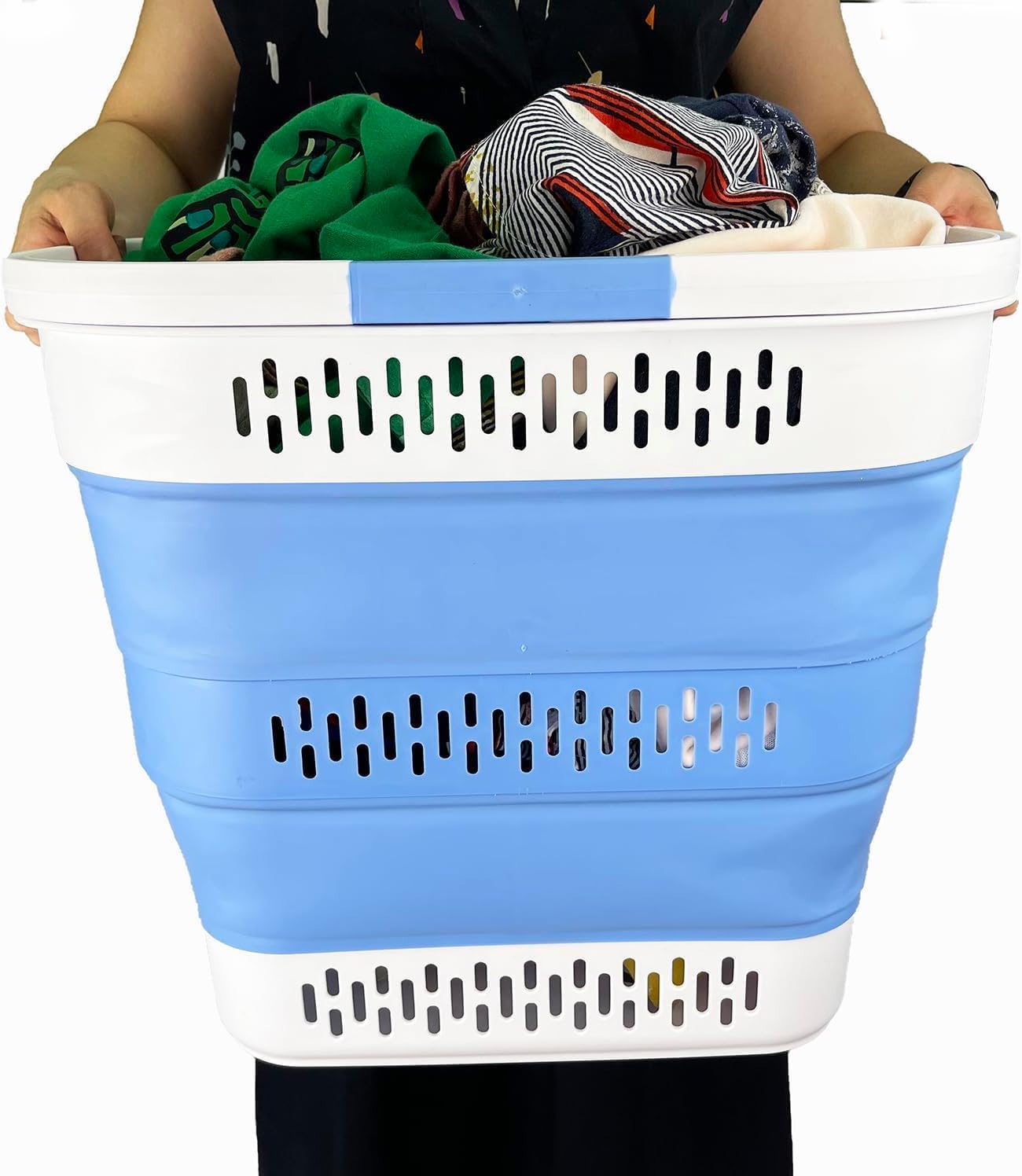 SAMMART 40L (10.5 Gallon) Collapsible Plastic Laundry Basket with Handles - Foldable Pop Up Storage Container/Organizer - Portable Laundry Hamper - Space Saving (1, Grey/Little Boy Blue)