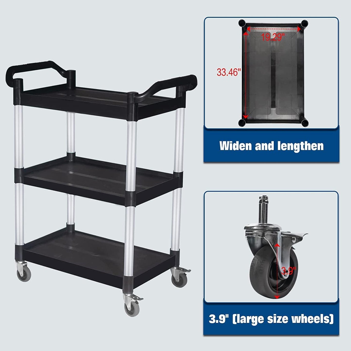Service Cart with Wheels Lockable Large Size, Plastic Restaurant Cart Heavy Duty, Utility Commercial Cart for Office, Warehouse, Foodservice,40.1" L x 19.2" W x 38.5" H. Black (Large)