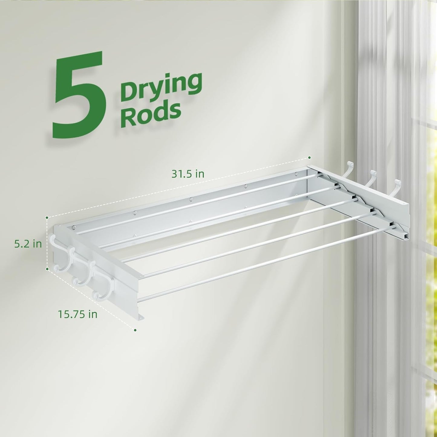 Wall Mounted Drying Rack 31.5", Foldable Clothes Drying Rack with 6 Towel Hooks and 5 Rods for Hanging Clothes, Space Saving Laundry Rack for Indoor Outdoor Bathroom Balcony Laundry Room(31.5")