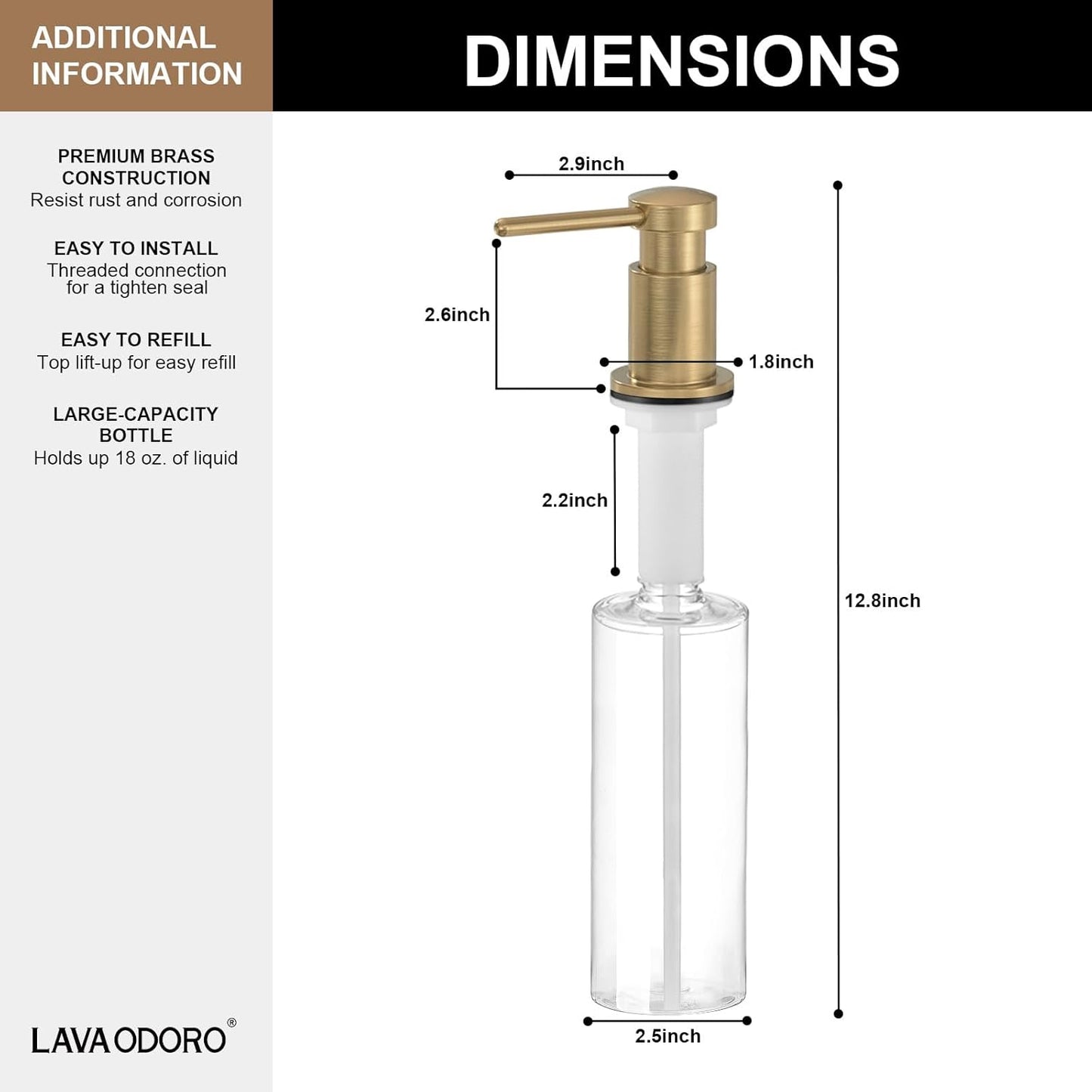 Lava Odoro Champagne Gold Soap Dispenser for Kitchen Sink, Modern Brass Built in Countertop Pump Dispenser with 18 Oz Refillable Bottle, Kitchen Soap Dispenser Spot-Free, Champagne Gold, KSD-21