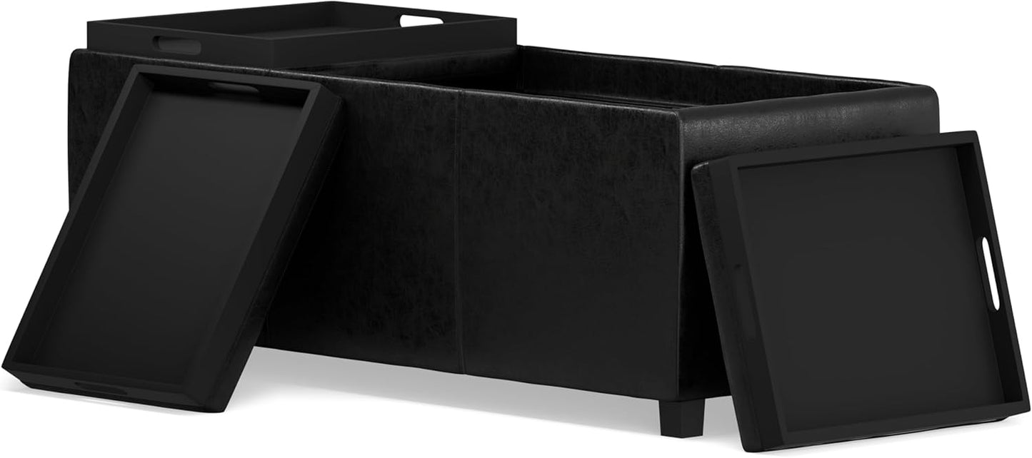 SIMPLIHOME Avalon 42 inch Wide Contemporary Rectangle Storage Ottoman in Distressed Black Vegan Faux Leather, Assembled, For the Living Room, Entryway and Family Room