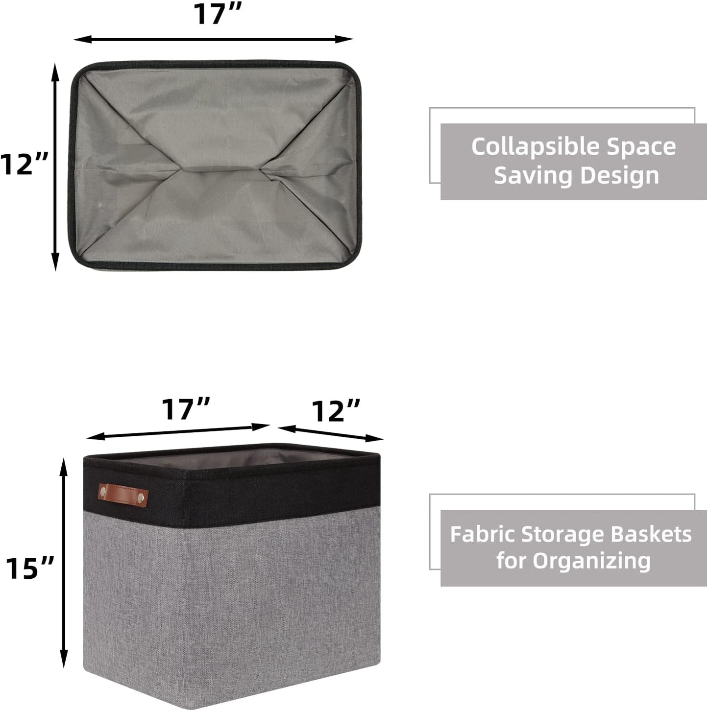 HNZIGE Fabric Storage Baskets Large Cloth Baskets Set of 2, Rectangular Shelf Baskets with Handles for storage, Foldable Tall Baskets for Organizing Linen Closet Organizers(Gray Black)