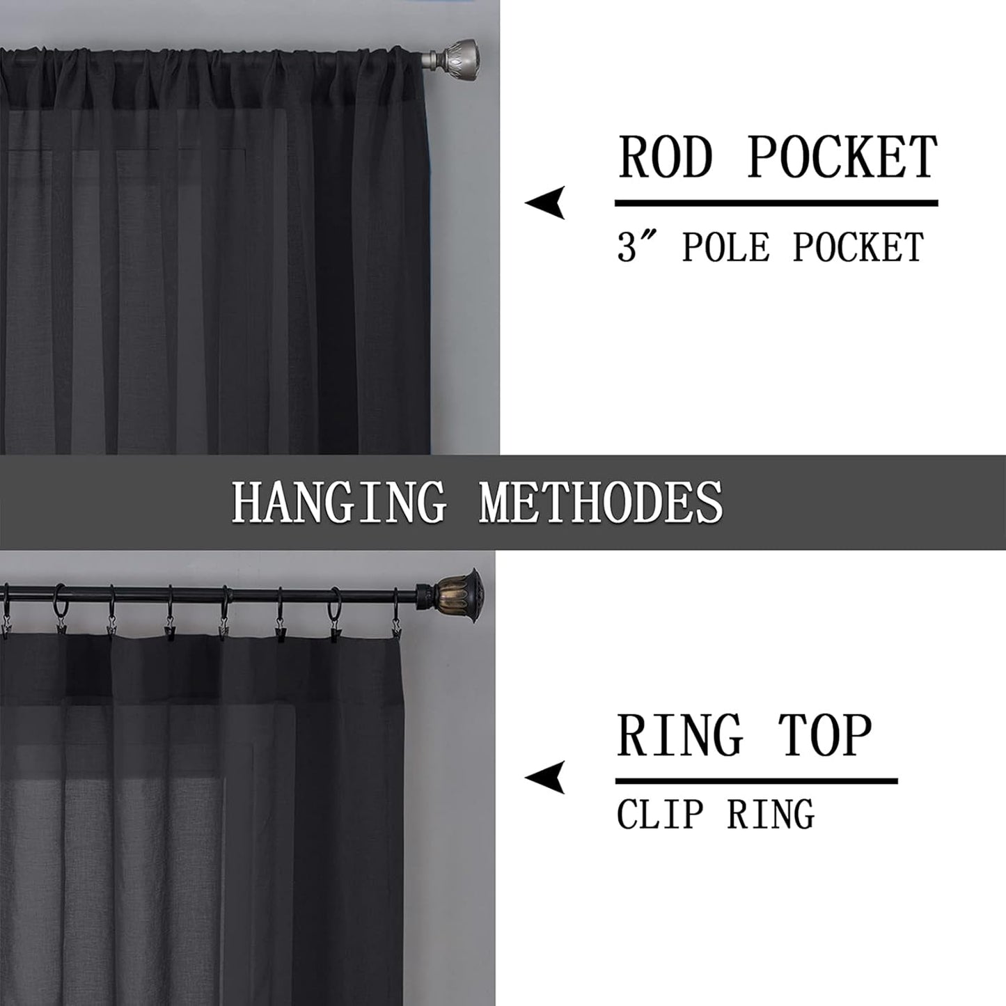 Tollpiz Short Sheer Tier Curtains Linen Textured Half Kitchen Curtain Sheers Light Filtering Rod Pocket Voile Small Curtain for Bathroom, 25 x 24 inches Long, Black, Set of 2 Panels