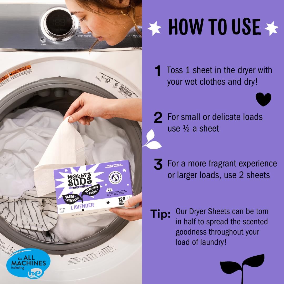 Molly's Suds Fabric Softener Dryer Sheets for Sensitive Skin | Plant-Based Static Reducer, Plastic-Free Packaging | Lavender (120 Sheets)