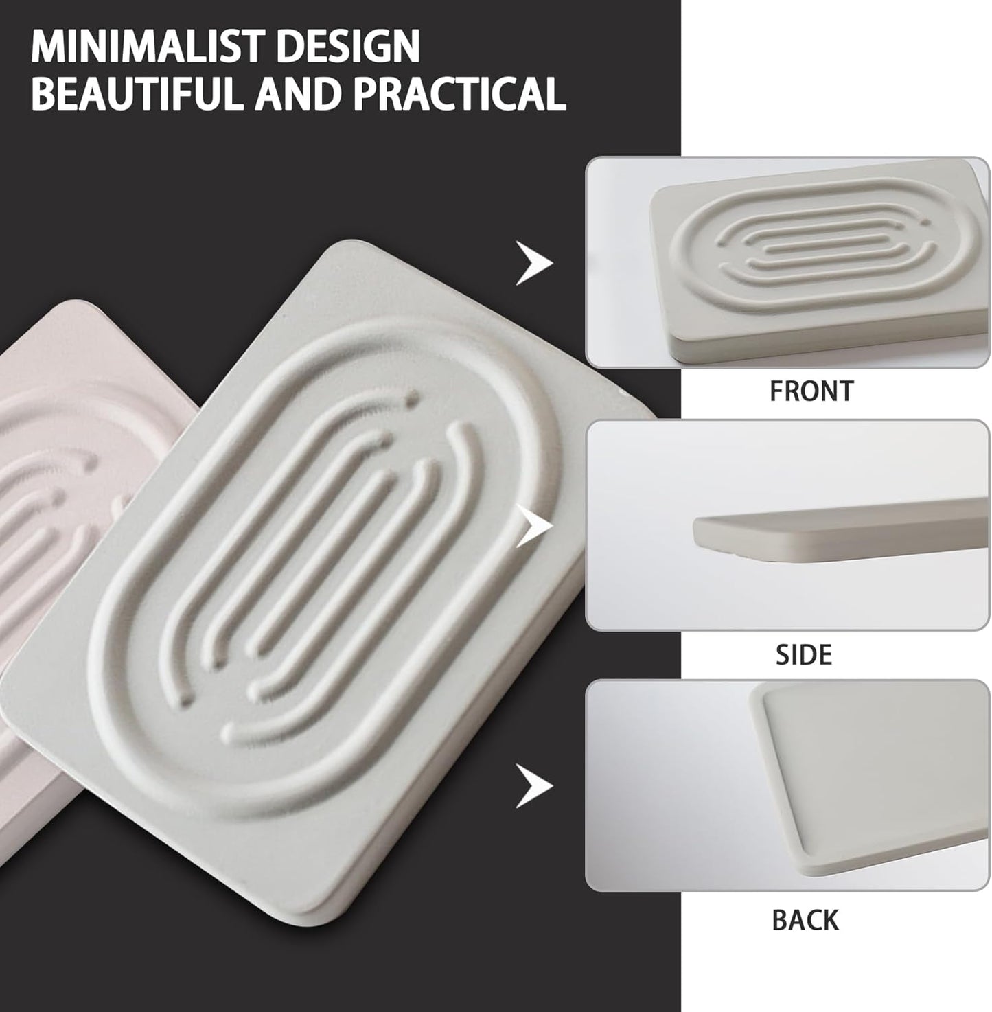 Diatomite Soap Dish for Kitchen Organizer, Quick Dry Sink Caddy Holder for Sponge, Brush, Toothbrush - Fast Absorbing Stone Tray (Light Grey, 4.8" x 3.1")