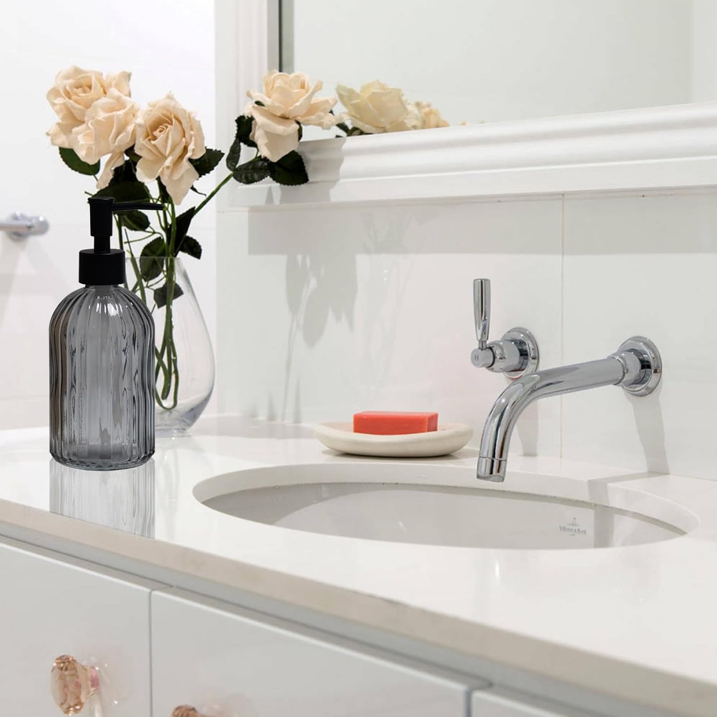 Grey Glass Soap Dispenser with Black Plastic Pump, 13.5oz Refillable Liquid Hand Soap Dispenser, Lotion Dish Soap Dispenser for Modern Home Decor, Bathroom, Kitchen Countertop, Hotel