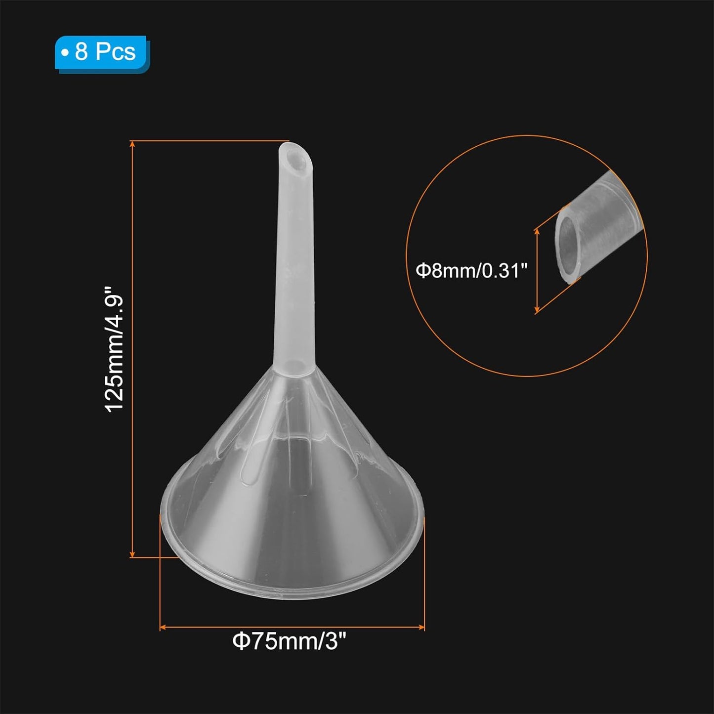 PATIKIL 3 Inch Clear Plastic Funnel, 8 Pcs Wide Mouth Multipurpose Transfer Funnel with Long Spout for Filling Water Bottle Liquid Lab Spices Powder Oil