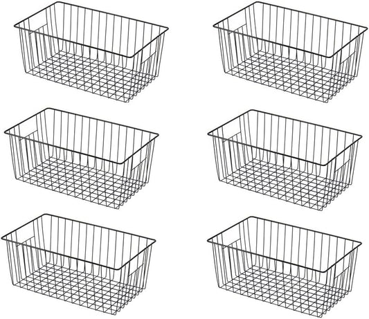 16inch Freezer Wire Storage Organizer Baskets, Household Refrigerator Bins with Built-in Handles, Black, 6PACK