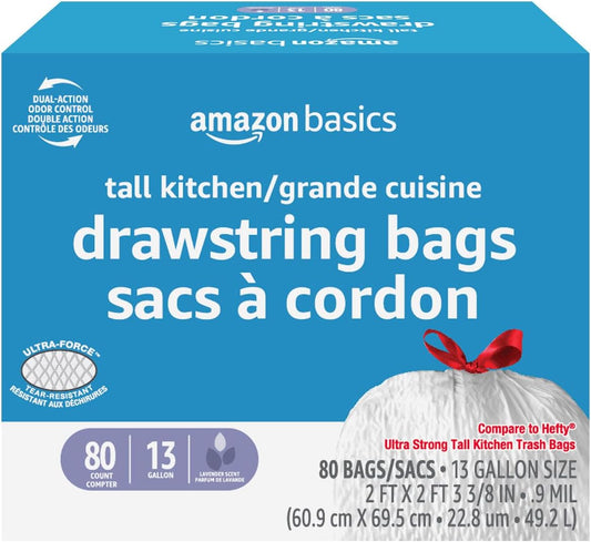 Amazon Basics Ultra-Force Tall Kitchen Drawstring Trash Bags, Lavender Scented, 13 Gallon, 80 Count, Pack of 1